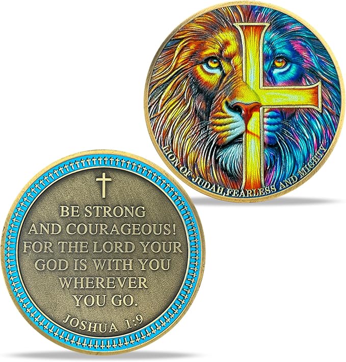 Lion Sword and Shield Challenge Coin - Inspirational Collectible, High Relief Design, Symbol of Courage and Strength, Medieval Style Classic Amulet (Colorful Cross Lion)