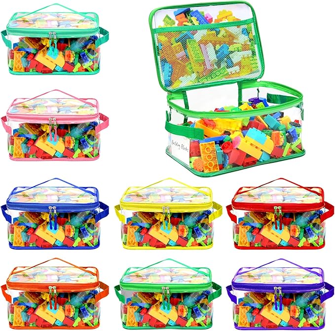 8 Pack Clear Toy Storage Bags, Extra Large Capacity Transparent Waterproof PVC Toy Organizing Bags with Name Tag and Manual Pocket for Building Blocks Board Games, Puzzle, Kids Books (Color)