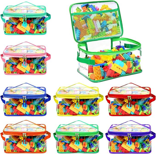 8 Pack Clear Toy Storage Bags, Extra Large Capacity Transparent Waterproof PVC Toy Organizing Bags with Name Tag and Manual Pocket for Building Blocks Board Games, Puzzle, Kids Books (Color)