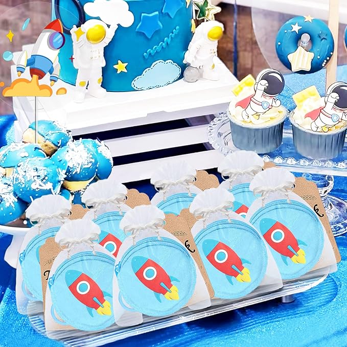 36 Pack Rocket Change Purses Set Include 12 Wallets with Keyring,12 Thank YouTags and 12 Organza Bag for Outer Space Science Fiction Themed Party, Kids Baby Shower Birthday Decor, Blue