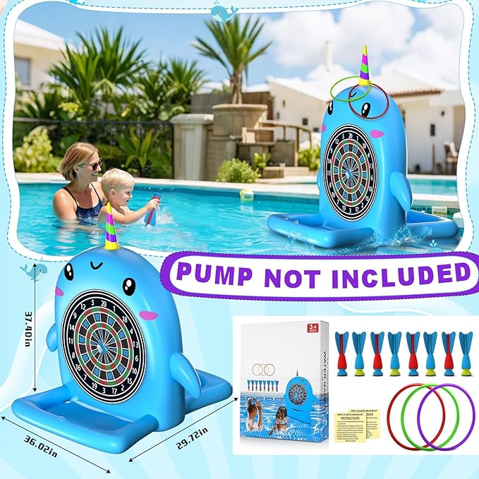 Swimming Pool Toys, 2-in-1 Inflatable Floating Dart Board Water Game, Darts Hoop Rings Outdoor Pool Games, Beach Yard Indoor Playset, Summer Family Party Birthday Gift for Kids Teen and Adults