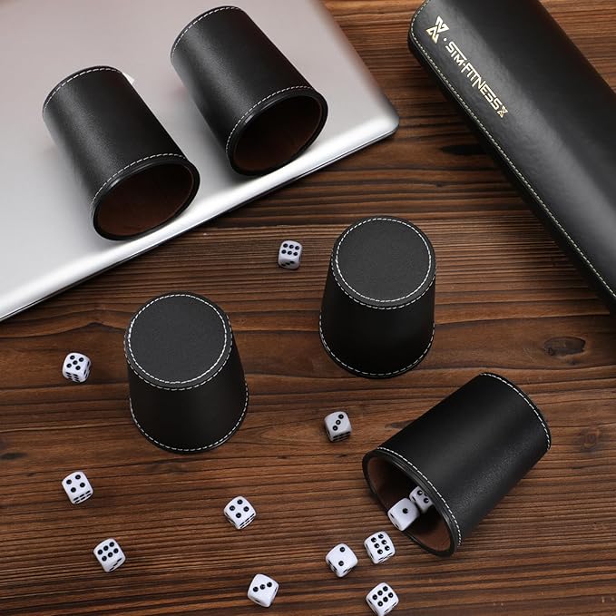 Leather Dice Cup Set, 5 Black Leather Dice Cups + 25 Dice + Exclusive Storage and Transport Case Made of Faux Leather