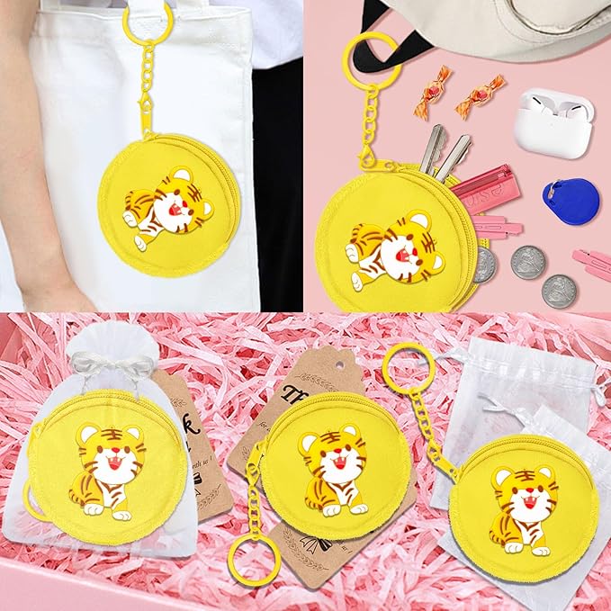 15 Pack Tiger Mini Coin Purses with Keyring for Tiger Jungle Safari Party,Goodie Bag Stuffer,Present for Friends,Creative Souvenirs,Birthday,Yellow