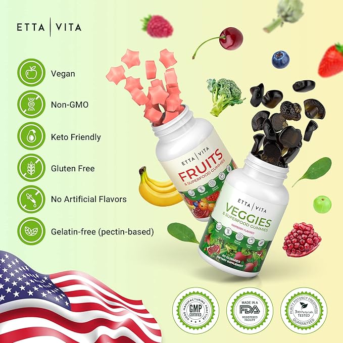 (120 Chews) Fruits and Veggies Supplement - Super Greens Gummies (9 Superfruits & 30 Veggies) Mushrooms, Fruit and Vegetable Vitamins, Non-GMO, Pectin-Based, Gluten-Free, No Capsules