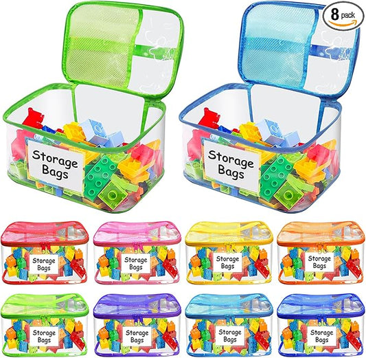 8 Pack Large Clear Toy Storage Bags with Zipper - 9.4x6.7x5.1In Waterproof PVC Organization for Lego, Building Blocks, Board Games & Puzzles - Includes Name Tag (Colorful)