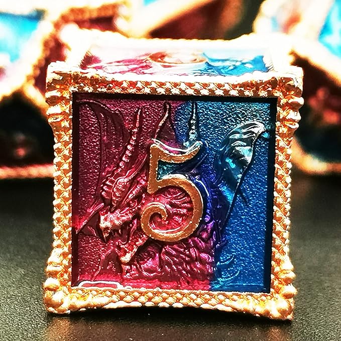 HAOMEJA DND Dice Metal Dragon Set Dice 7 Role Playing Dice D&D Solid Dice Dungeons and Dragons (Red Copper Blue Purple)