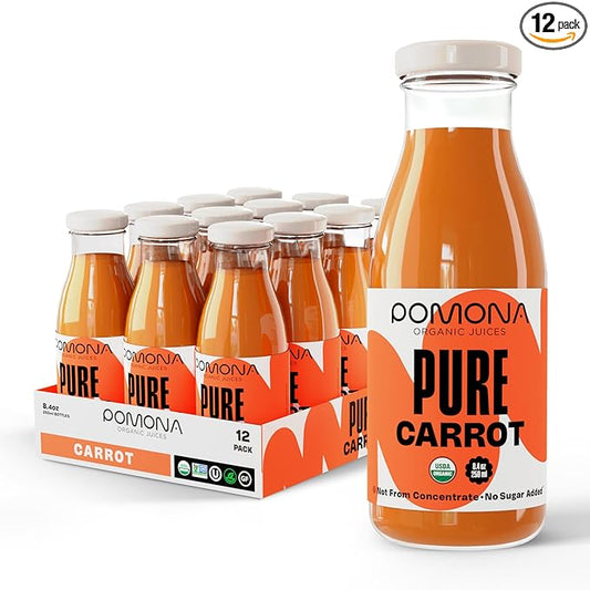 Pomona Organic Carrot Juice, Cold Pressed USDA Organic Juices, 100% Carrots, No Added Sugar, Not From Concentrate, Vegan, Kosher, Non GMO, Pasteurized, 8.4 Ounce (Pack of 12)
