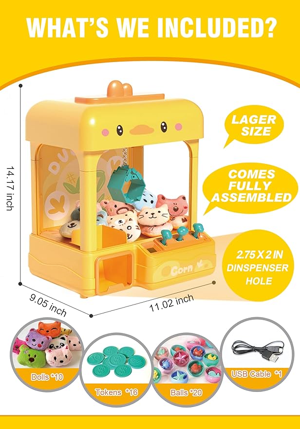 Large Claw Machine for Kids Adults with Prizes, Adjustable Sound & Light, Candy Crane Vending Machine for Girls Boys, Mini Electronic Arcade Game Dispenser Toy for Party Birthday Gifts - Duck