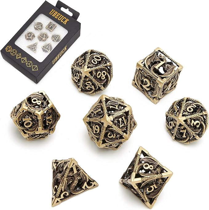 DND Dice,Hollow D&D Metal Dice,Dungeons and Dragons Dice Set with Gift Box,7 PCs Steampunk Polyhedral Dice Games Set for RPG,MTG,Pathfinder, (Dragon Ancient Bronze)