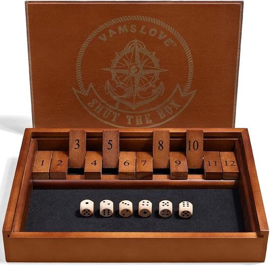 VAMSLOVE Shut The Box Dice Game Wooden Board Table Math Game for 2 Players and Up, 12 Numbers Close The Box with 6 Dice for Kids Adults Family (Instructions Included)