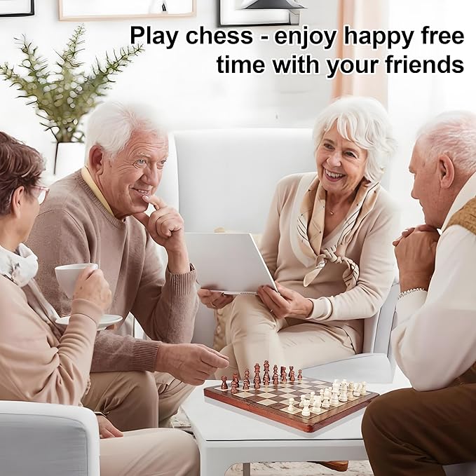 Magnetic Wooden Chess & Checkers Board Game - 15" Folding Chess Board(2 in 1)- Handcrafted Chesspiece (includes 2 Extra Queens) and Storage Slots- Portable Travel Board Games for Adults Kids, 6 up Age