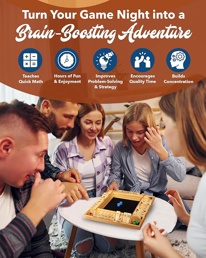 WE Games Wooden Shut The Box Game 4 Player - 10 Number Tiles & 8 Dice - Large 14-Inch, Natural Wood Finish