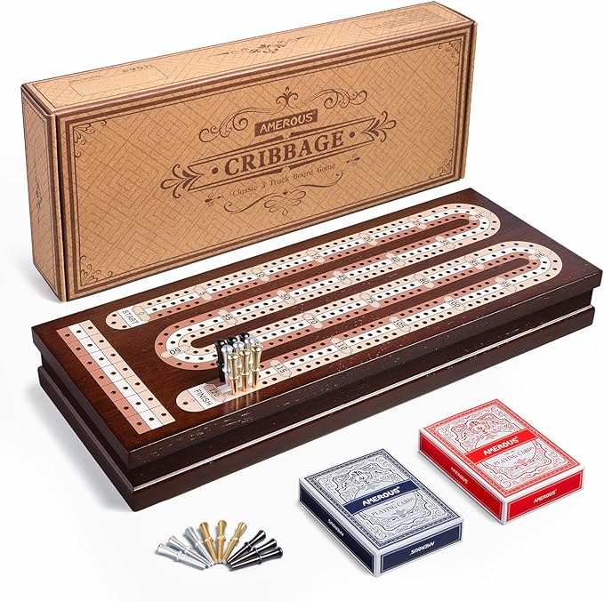 AMEROUS Wooden Cribbage Board Game Set with Magnetic Lock / 9 Metal Pegs / 2 Decks of Playing Cards/Larger Storage Area/Instruction, Classic Tabletop Game for Family (3 Track Board)