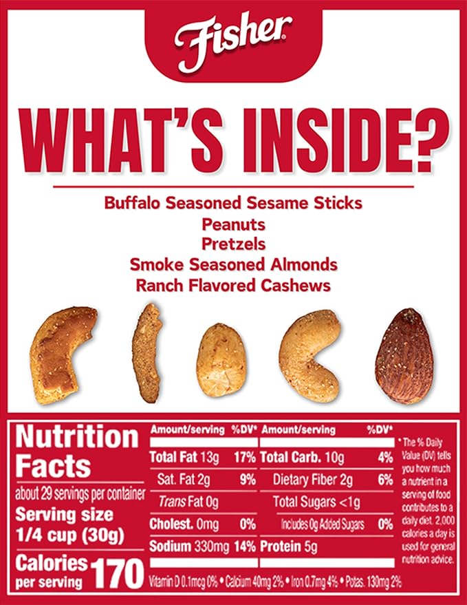 Fisher Spicy Buffalo Bulk Trail Mix, 31 oz Jar; Buffalo Seasoned Sesame Sticks, Peanuts & Pretzels with Smoked Seasoned Almonds & Ranch Flavored Cashews; Hot Spicy Snack Mix, Snacks for Adults