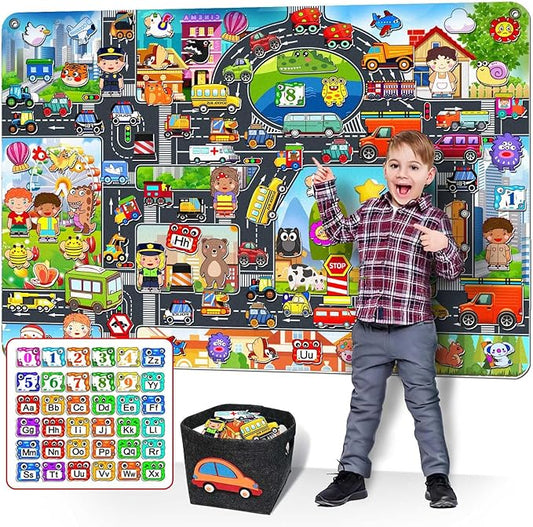 200 PCS Felt Board Story Set for Toddlers with Storage Bag City Car Traffic Themed 40 X 28 inch Teaching Wall Flannel Board Kit for Preschool Activity Early Learning Interactive Storytelling(Darkgrey)