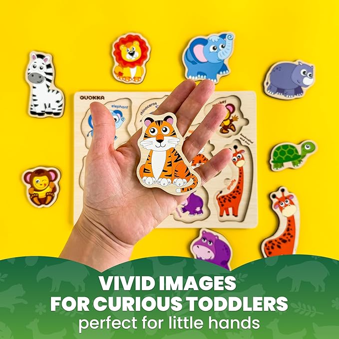 QUOKKA Wooden Puzzles for Toddlers 1-2 – 4 Set Pegged Puzzles for Kids Ages 1-2 – Animal Safari Learning Toy for Kids – Gift Realistic Educational Game for Boy and Girl