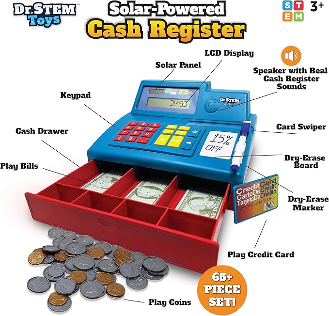 Dr. STEM Toys Solar Powered Calculator Pretend Cash Register with Play Money – 67-Piece Set for Learning Math Skills, STEM Cash Register for Kids, Blue