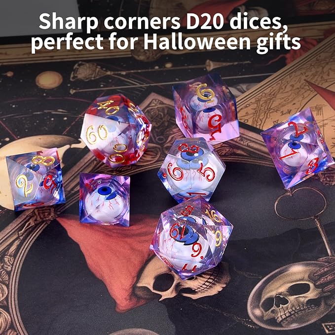Evil Eye D20 Dices Moving Eyes Dice DND Dice Set with Moving Eye Inside Sharp Corners Dices Dungeons and Dragons Polyhedral Role Playing Gaming Dices D20 Dice 7 Set Halloween Dices Red