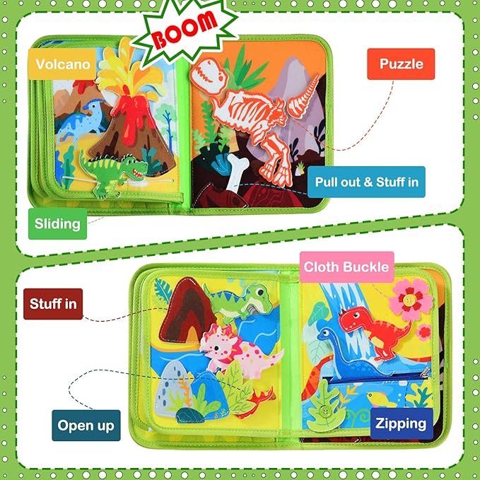 Busy Book for Kids, Dinosaur Busy Board Toys for Toddlers 1-3, Montessori Preschool Learning Book Toy for Kids