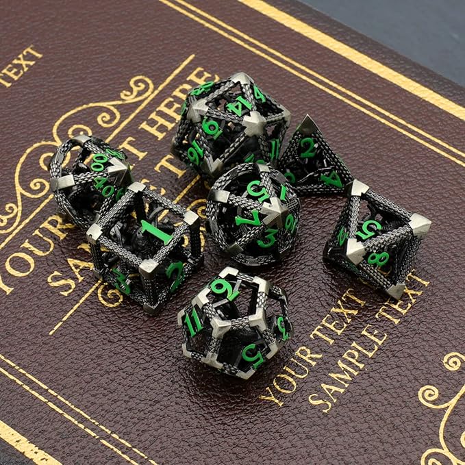 Hollow Cthulhu Metal Polyhedral Dice Set - D&D, Pathfinder, Warhammer, Shadowrun Gaming Dice (Green Number)