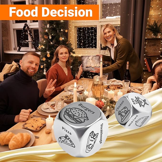 Food Decision Dice-Stainless Steel 2PCS - Funny Gifts for Him Her, Boyfriend Girlfriend, Husband Wife/Anniversary, Valentines, Christmas, Birthday Stocking Stuffers