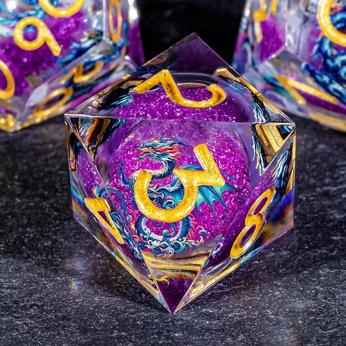 OUKELANWO Liquid Core Dragons Stickers DND Dice Set D&D, 7Pcs Dungeons D and D Role Playing Dice with Gift Box, Resin Sharp Edge Dice D20 D12 D10 D8 D6 D4, Purple Gold