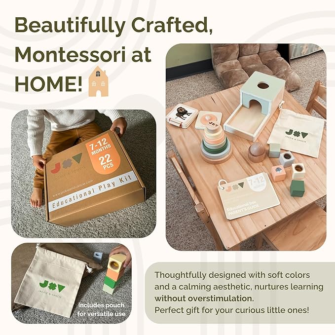Jackie & Vancie Montessori Toy Set for Babies 7 to 12 Months, Sensory Playkit 6 in 1 Wooden Learning Toys with Object Permanence, Rainbow Stacker, Mirror Puzzle, Sensory Blocks, Egg & Cup, Wooden Book