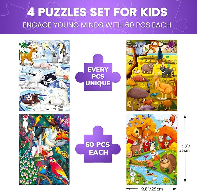 QUOKKA Puzzles for Kids Ages 4-6 - Set of 4x60 Jigsaw Puzzles for Toddlers 3-5 - Polar, Birds, Animals Toys for Children 6-8 yo - Gift Educational Game for Boys & Girls