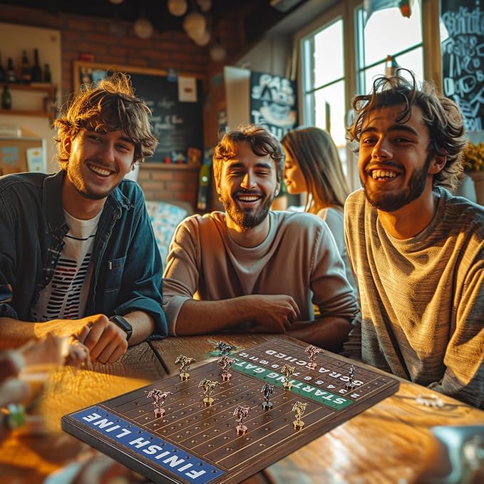 Large 21 inches Horse Racing Board Game Thickened Solid Wood with 11 Luxurious Durable Classic Metal Horses Including Dice and Cards Finish LINE Race Game Set (Large, Burning)