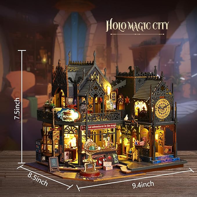 Miniature House Kit DIY Mini House Building Kit with LED Light, DIY Mini Dollhouse with Furniture Book Nook Kit, 3D Wooden Puzzle Wooden Bookend Shelf Insert Decro (Holo Magic City)