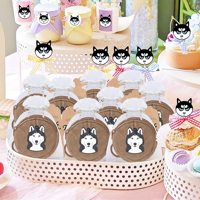 36 Pack Husky Change Purses Set Include 12 Husky Wallets with Keyrings,12 Thank You Tags and 12 Organza Bags for Dog Themed Pet Party Lets Pawty Baby Shower Birthday Decoration,Brown