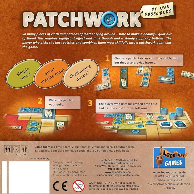 Patchwork Board Game - A Two-Player Quilting Strategy Game by Uwe Rosenberg! Interactive Puzzle Game for Kids & Adults, Ages 8+, 2 Players, 30 Minute Playtime, Made by Lookout Games