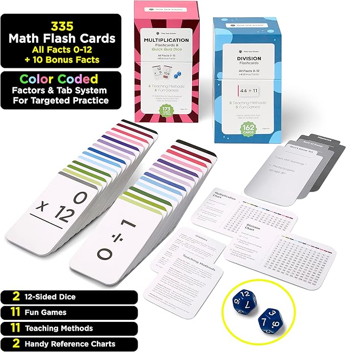 Think Tank Scholar 335 Multiplication & Division Flash Cards - 2 Math Dice (Award Winning) All Facts 0-12 Answer on Back, for Kids in 2ND, 3RD, 4TH, 5TH, 6TH Grade Class or Homeschool - Games & Charts