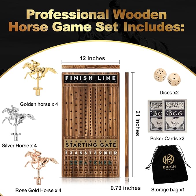 Horse Race Board Game Racing Game - Solid Wood Race Game Board with Dice, 2 Playing Card Decks, and Suede Carry Bag - Large 21 x 12 inch Horse Racing Board Game with 11 Premium Metal Horses