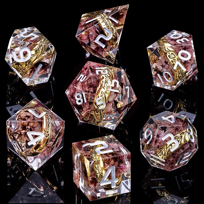 Magic Golden Ring DND Dice Set Sharp Edge Resin Dice with Case, Pink Flower Lord D and D Dice for use with D&D RPG Role Playing Games, Polyhedral Dice Set D20 D12 D10 D8 D6
