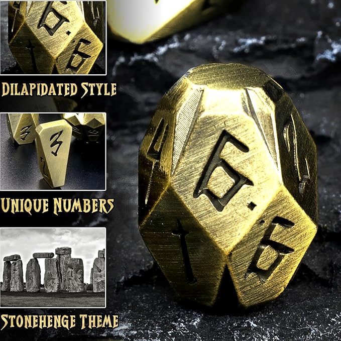 Metal Dice Set for DND, ZHOORQI 7 Pcs Polyhedral Dice, Perfect for Dungeons and Dragons, RPG Role Playing Games - Unique Cool Dice with Stonehenge Themed Design for Games Gifts(JS-Bronze)