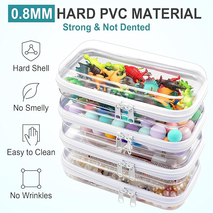 Hoolerry 4 Pcs Hard Clear Zipper Case Transparent Cases for Snacks Makeup Bag Plastic Storage Box Containers for Building Blocks, Puzzles, Cosmetics(White,7.5 x 3.9 x 2 in)