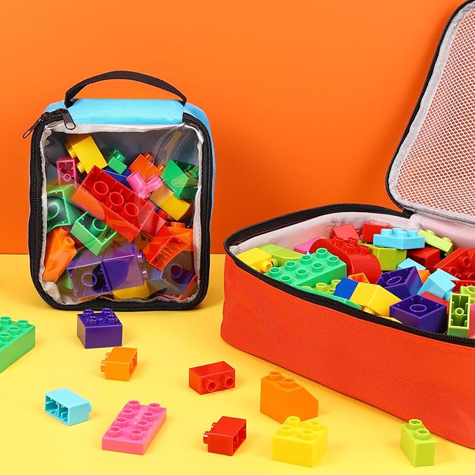 6 Pack Toy Storage Bags, Reusable Board Game Storage Bag with Visible Top, Label Slot, Manual Pocket&Handle, Travel Organizer Case for Bricks, Building Blocks, Puzzle, Car Toys, 3 Different Size