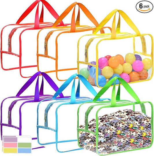 6 Packs Extra Large Toy Storage Bags, 12.6 * 9.25 * 6.9 IN Clear Colorful Waterproof Toy Organizer Bags with Labels, Dual Zippers and Portable Handheld Design, Board Game Storage for Building Blocks