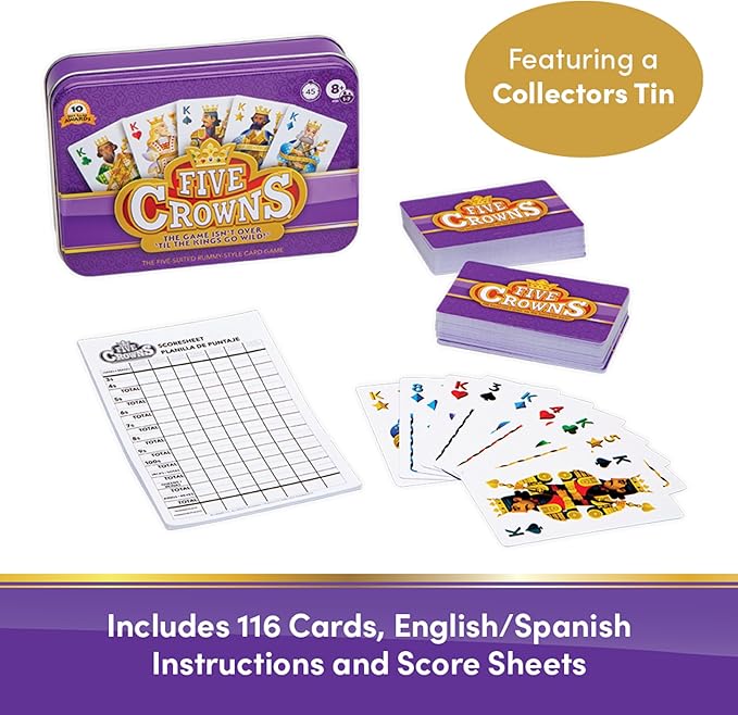 PlayMonster Five Crowns Collectible Tin – Card Game for Kids and Adults, Family Game Night, The Game isn’t Over Until the Kings Go Wild!, 5 Suited Rummy Style Card Game, 1-7 Players, Ages 8+