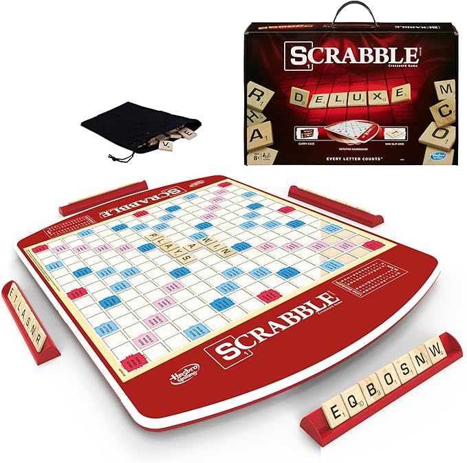 Hasbro Gaming Scrabble Deluxe Edition Letter Tiles Word Game | Rotating Board and Carrying Case | Ages 8+ | 2-4 Players | Classic Family Travel Games (Amazon Exclusive)