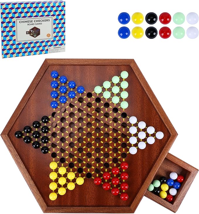 Wooden Chinese Checkers Set with Storage Drawer, 13 inches Upgraded Version Game Board, 60+12 Glass Marbles in 6 Colors, Classic Strategy Games for Adults and Kids, Fun for Family Gathering