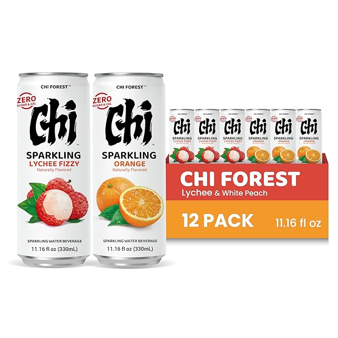 CHI FOREST Sparkling Water Beverage, Lychee & Orange drinks, Zero Sugar or Artificial Flavor, 11.16 fl oz Cans (Pack of 12)
