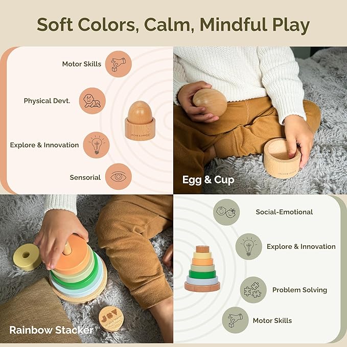 Jackie & Vancie Montessori Toy Set for Babies 7 to 12 Months, Sensory Playkit 6 in 1 Wooden Learning Toys with Object Permanence, Rainbow Stacker, Mirror Puzzle, Sensory Blocks, Egg & Cup, Wooden Book