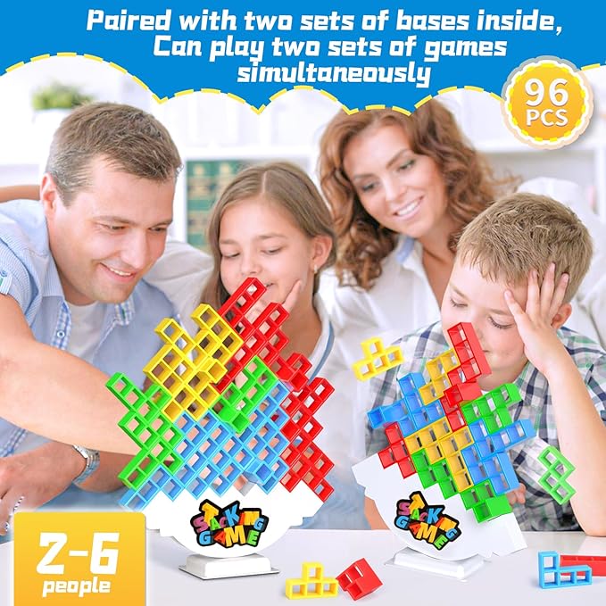 96PCS Stack Game for Adult & Kids, Tetra Board Tower Games for Family Travel Party, 4 Players Balance Stacking Toy, Team Toys Building Block