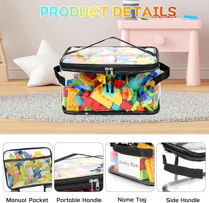 8 Pack Extra Large Clear Toy Storage Bags, Large Capacity Transparent Waterproof PVC Toy Organizing Bags with Name Tag and Manual Pocket for Building Blocks Board Games, Puzzle, Kids Books (Black)