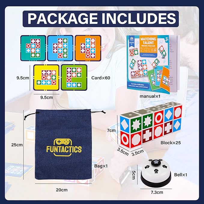 XXL Funtactics Wooden Matching Game Puzzle 3.0 Games, Pattern Block Match Puzzles Building Cubes with Bell for Kids and Adults Toys Board Games for Family Holidays Night 5 Players