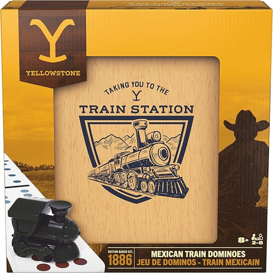 Spin Master Games, Yellowstone Mexican Train Dominoes Set, Classic Tile Board Game in Wood Case for Family Game Night, Modern Dominoes, for Adults and Kids, 2-8 Players Ages 8 & Up