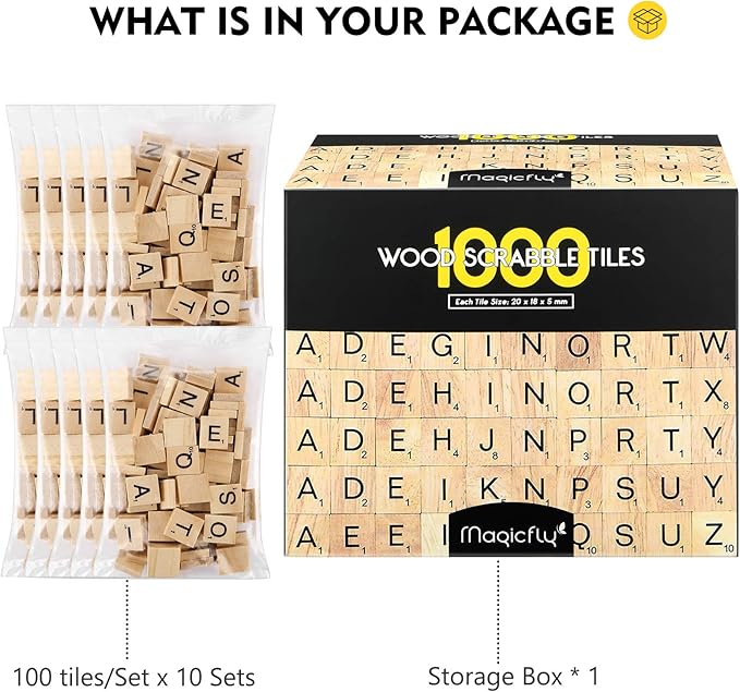 Magicfly 1000 Pcs Scrabble Tiles, Wooden Letter Tiles, A-Z Capital Letters for Crafts, Spelling,Scrabble Crossword Game