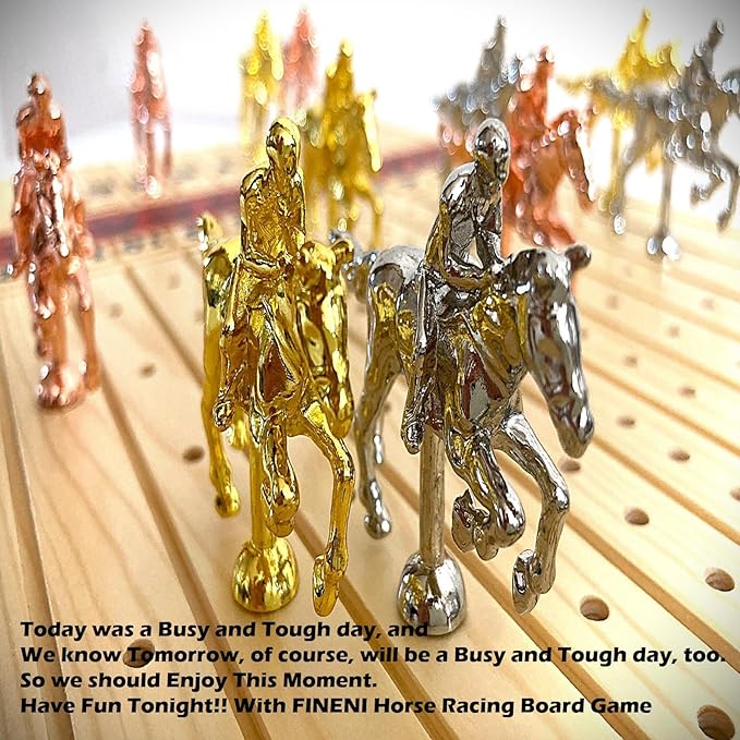 Racing Game for Adults With 11 Luxurious Metal Horses (Silver, Black, Rose Gold), 16" Pine Wood Race Game Board, Dice & Card Included (Log Color)